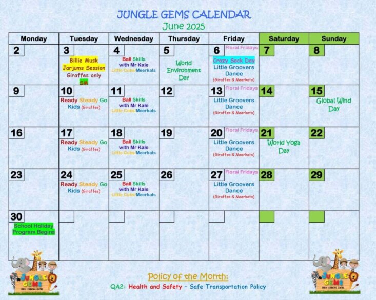 JG JUNE 2025 CALENDAR Best childcare Nerang